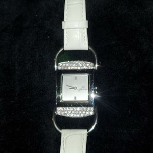 JLo Jennifer Lopez Crystal Embellished Bling Iced Out Watch White Croc Band